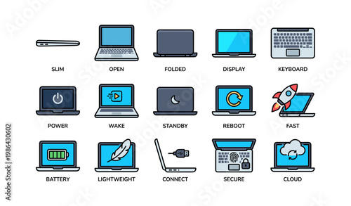 Laptop function icons: slim, open, folded, display, keyboard, power, wake, standby, reboot, fast, battery