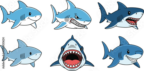 Shark cartoon vector set with cute and aggressive ocean predators, swimming sea animals with sharp teeth for kids stickers, games, and mascots