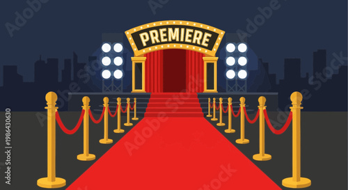 Red Carpet Premiere Entrance with Spotlight and City Skyline
