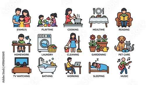 Daily routine activities: diverse family with playtime and chores