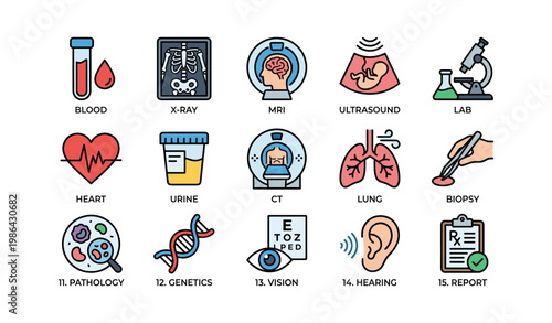 Medical icons representing diagnostic tests and procedures