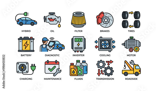 Car maintenance icons: hybrid, engine, battery, cooling, tires
