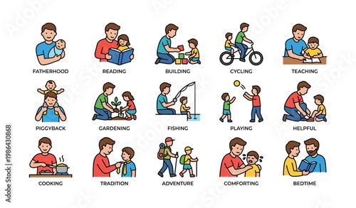 Fatherhood activities: caucasian males engaging in outdoor and indoor play and learning with children