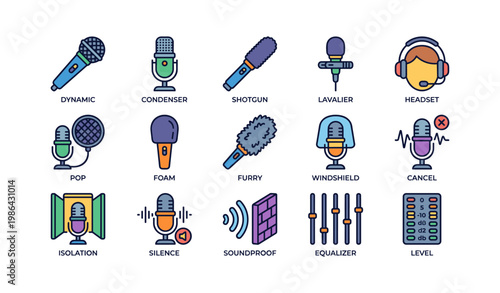Colorful audio equipment icons featuring microphones and sound tools