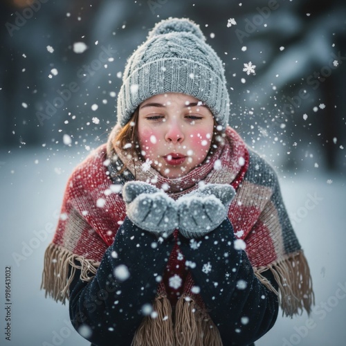 Young Girl in Knit Hat Blowing Snow in Snowy Forest