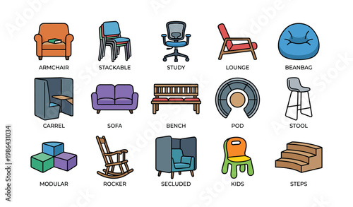 Diverse furniture collection featuring chairs, sofas, and lounge options