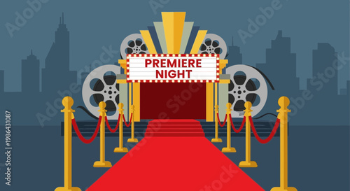Red Carpet Premiere Night Entrance with Film Reels and Cityscape Background
