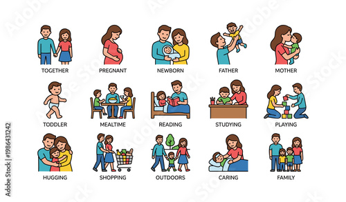 Family activities illustrated: parenting, mealtime, shopping, and bonding moments