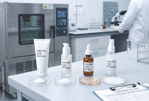 Cosmetic product testing in professional laboratory setting with labeled skincare containers and scientific equipment for quality control and research on skincare formulations and product safety