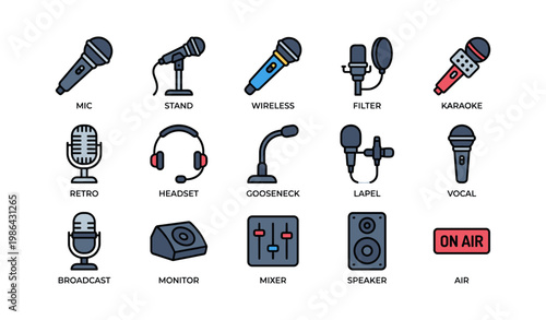 Microphone icons collection featuring various types and accessories for audio and broadcasting
