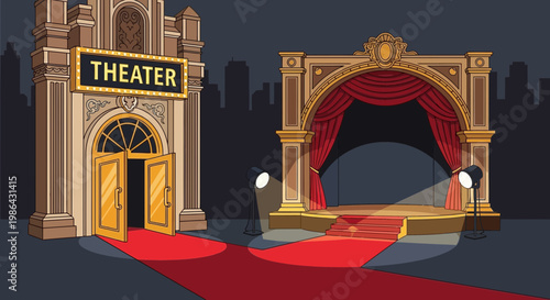 Theater Entrance with Red Carpet and Stage