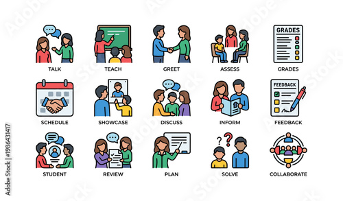 Education icons: diverse teachers and students interacting in classroom settings