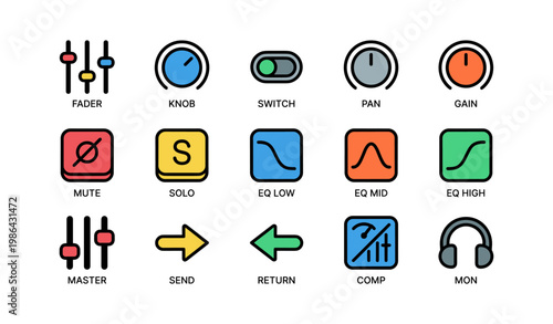 Colorful audio interface icons including fader knob switch pan gain and more