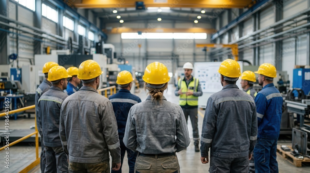 Obraz premium A group of employees in safety gear focuses on their supervisor during a workplace safety training session at a manufacturing plant.