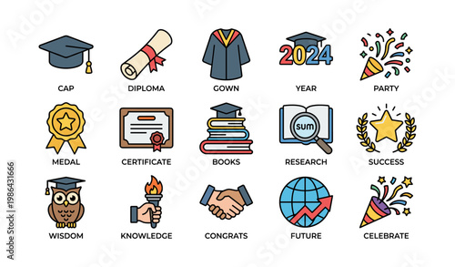 Graduation icons set: cap, diploma, gown, 2024, party, medal, books, success