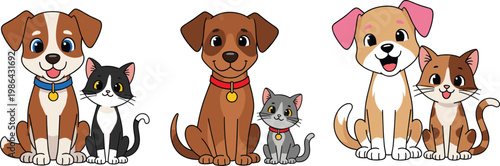 Cartoon Dog and Cat Vector Set Featuring Cute Pet Companions with Collars and Playful Expressions for Stickers and Children’s Designs