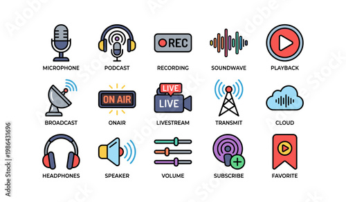 Colorful audio and broadcasting icons including microphone, podcast, and livestream