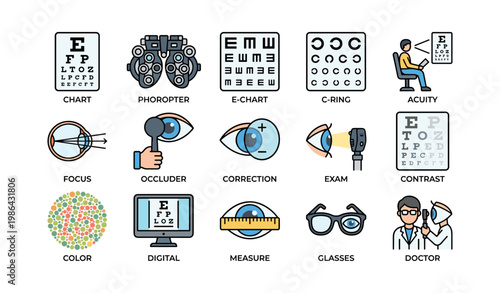 Eye exam symbols: charts, devices, and tools for vision testing