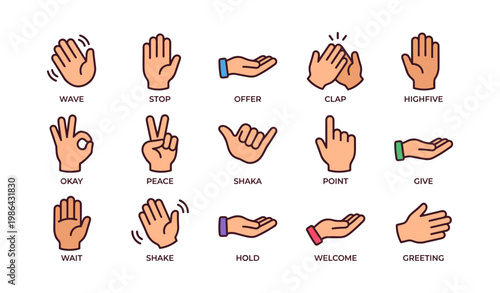 Various hand gestures icons for communication and emotions