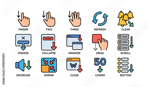 Colorful interface icons: hands, refresh, notifications, windows, sound, resize, numbers