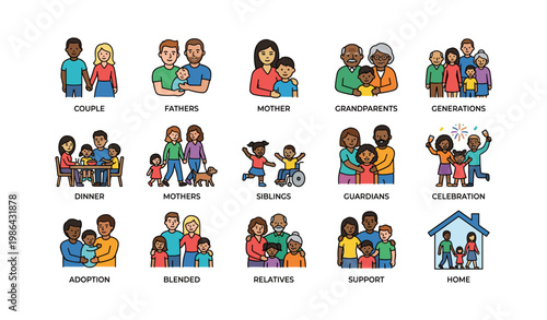 Family diversity: parents and children of various races and ages in different scenarios