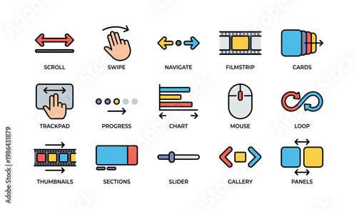 Colorful ui icons including scroll swipe navigate filmstrip cards and more