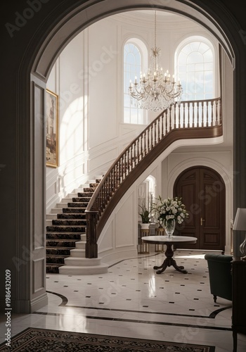 Elegant Foyer with Curved Staircase and Chandelier in Bright Sunlight