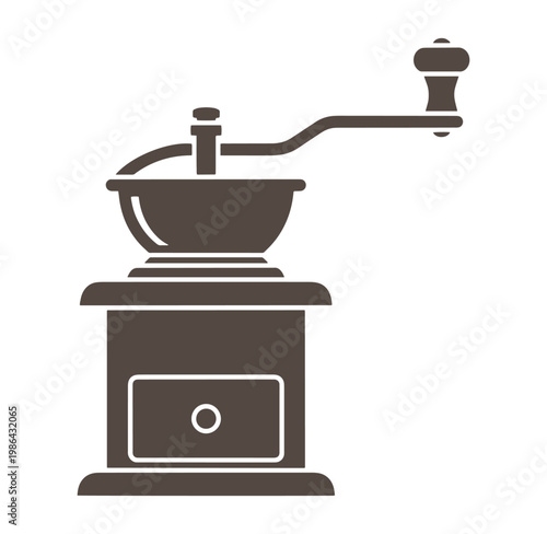 Brown coffee grinder machine with handle on white background