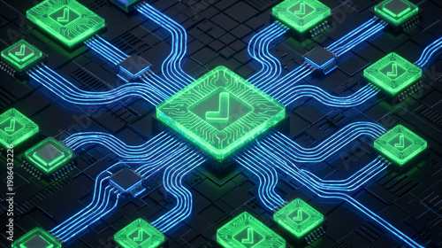 Central glowing green microchip with checkmark connected by blue circuits to surrounding chips on dark background. Successful data verification and network connectivity in digital technology