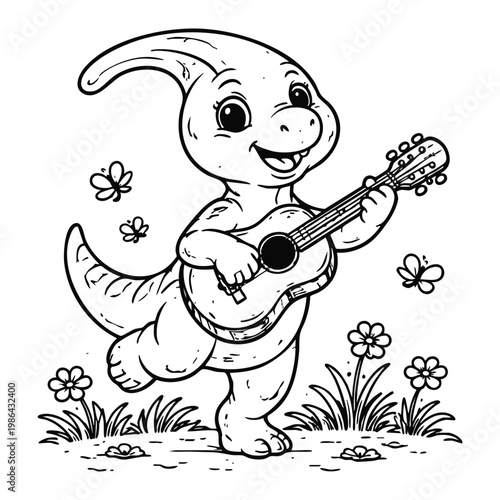 Happy Baby Dinosaur Playing Guitar in Garden with Butterflies and Flowers Coloring Page