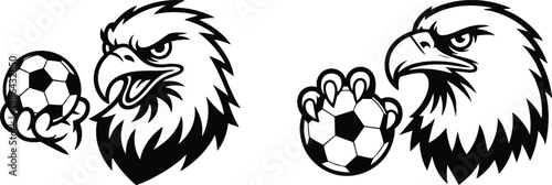 Angry Eagle Mascot Holding Soccer Ball Illustration Set, Modern Sports Team Logo Featuring Fierce Eagle Head and Soccer Ball, Black and White Vector Graphic of Competitive Eagle Mascot.