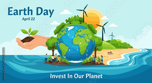 Vibrant illustration depicting global commitment to environmental preservation, sustainable practices, renewable energy, and community action for a healthier, flourishing planet