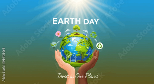 Diverse hands gently nurturing our vibrant green planet, fostering a sustainable future through global unity, ecological stewardship, and renewable energy