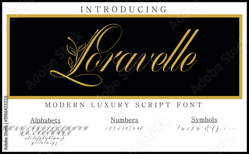 Loravelle is a graceful handwritten script font with elegant flowing curves, ideal for luxury branding, wedding invitations and modern typography that requires a refined and stylish appearance.