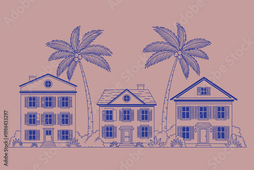 Illustration of three houses with palm trees in a tropical setting
