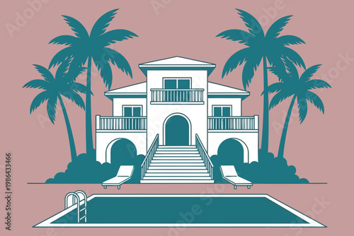 Luxurious beachfront mansion with palm trees and a swimming pool