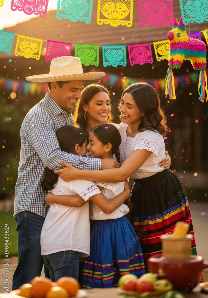 Obraz premium Warm Family Hugging During Mexican Fiesta Celebration Outdoor