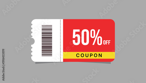 Red and yellow half price fifty percent discount voucher ticket layout for store clearance and promo campaign
