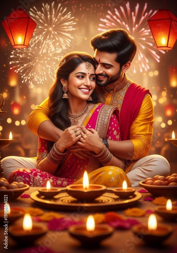 Indian Couple Embracing During Diwali Celebration with Festive