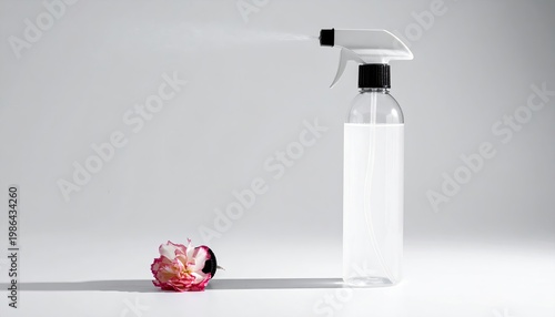 Spraying clear liquid from a bottle onto a wilting pink flower on a white surface for cleaning or refreshing purposes with soft lighting