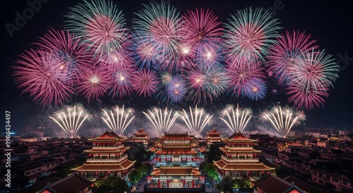 Vibrant Fireworks Display Over Illuminated Traditional Buildings at