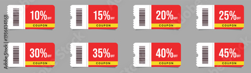 Collection of red and grey discount coupon cards with various percentage tags for business marketing promo