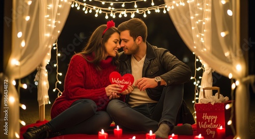 Romantic Couple Celebrating Valentine's Day with Lights and Heart