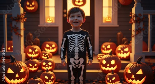 Smiling Boy in Skeleton Costume with Pumpkins at Dusk
