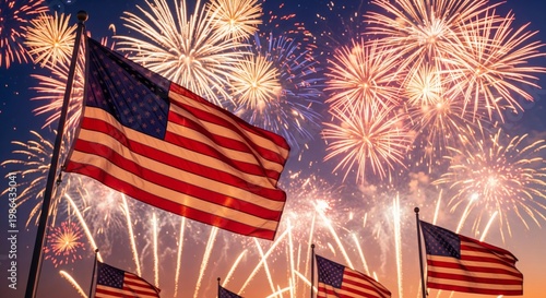 American Flags with Fireworks Display Against Evening Sky