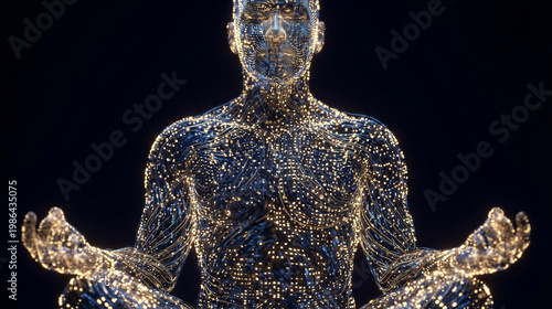 Man meditating in lotus position with glowing digital body. Cybernetic human figure composed of blue and gold particles and lines. Futuristic fusion of technology and mindfulness for digital wellness