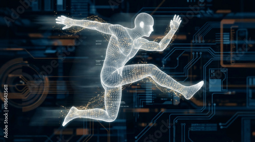 Wireframe man running in digital space. Futuristic human figure in motion with speed lines. Cyber technology and virtual reality concept for innovation.