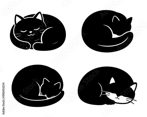 Sleeping black cats silhouette collection, curled up kitten vector set. Set of four minimalist black cat silhouettes in various sleeping and curled up poses.