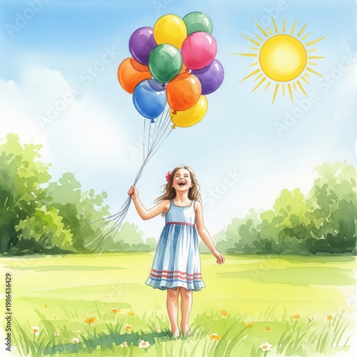 Girl Holding Colorful Balloons in Green Meadow Sunshine