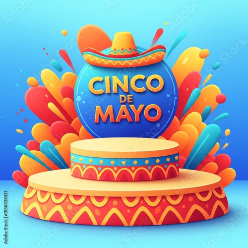 Cinco De Mayo Stage with Sombrero and Confetti on Blue Background